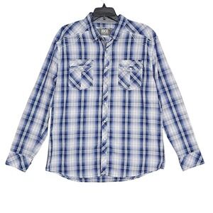 BKE Snap Button Down Shirt Long Sleeve Plaid Blue White Relaxed Fit Size Large